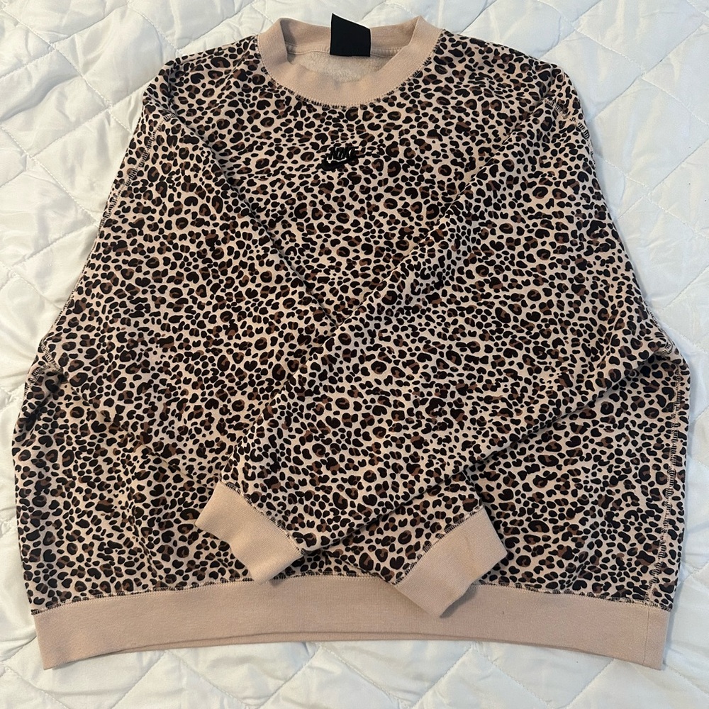 Nike Leopard Print Crewneck Sweater in Tan, Brown & Black